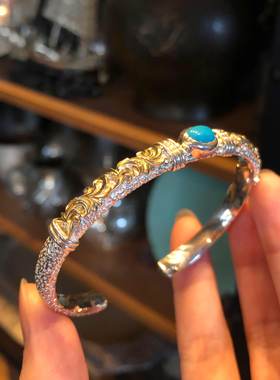 高桥吾郎风格吉原唐草图腾松石手镯潮 925纯银个性情侣复古男女款