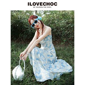 ILOVECHOC我爱巧克力2024夏新品碎花吊带连衣裙优雅方领雪纺裙女