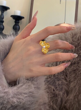 千夕足金9995D三瓣花珍珠戒黄金戒指女款送女友情人节生日礼物