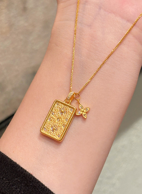 千夕 足金999四叶草无事牌黄金吊坠女士情人节七夕生日礼物送女友