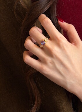 千夕足金999星芒淡紫钻戒黄金戒指可爱女款情人节生日礼物送女友