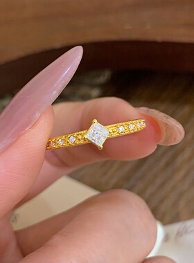 千夕足金9996D半圈方戒黄金戒指女款送女友七夕情人节生日礼物