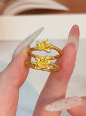 千夕 足金999桃花拉丝竹节黄金戒指女款求婚情人节生日礼物送女友
