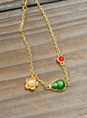 千夕 足金999绿葫芦珍珠手链黄金手链女款情人节生日礼物送女友