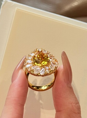 千夕足金999满钻黄色水滴黄金戒指女款送女友七夕情人节生日礼物