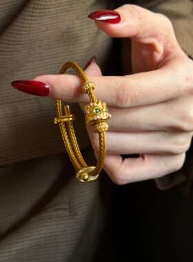 千夕足金999点钻小醒狮黄金手镯女款七夕情人节生日礼物送女友