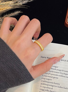 千夕足金999半圈排钻戒黄金戒指女款送女友七夕情人节生日礼物