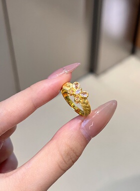 千夕足金999拉丝花蝶戒黄金戒指女款送女友七夕情人节生日礼物