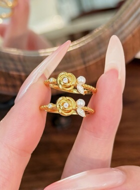 千夕 足金999玫瑰花珍珠戒黄金戒指女款求婚情人节生日礼物送女友