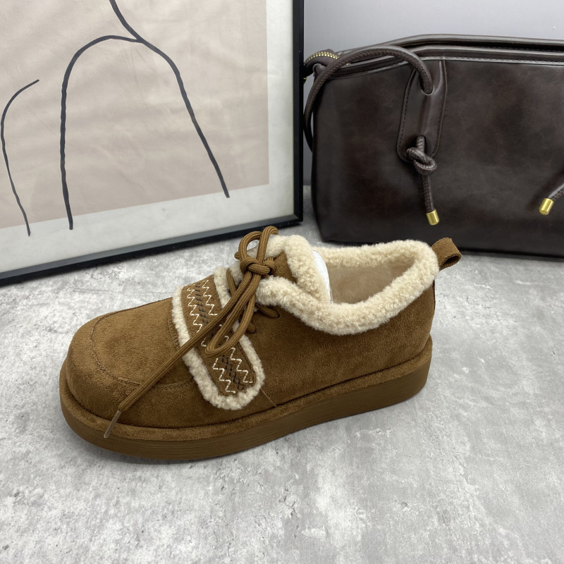25秋冬编织拼接毛毛勃肯鞋女冬季百搭平跟系带加绒保暖女棉鞋 - 图1