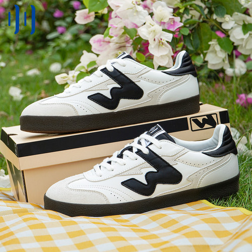 顽刻ollieskate白黑拼色翻毛皮拼接生胶底W系列国潮德训滑板鞋 - 图2