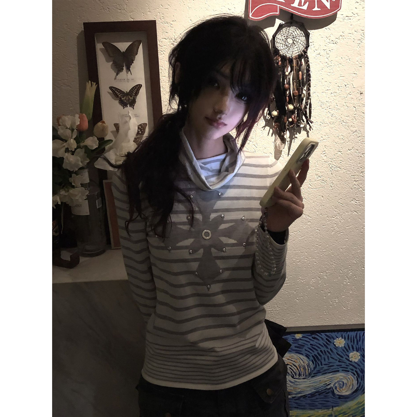 亚文化长袖女早春十字架铆钉条纹高领针织打底衫修身显瘦y2k上衣,淘宝优惠券,粉丝福利购,淘宝优惠卷