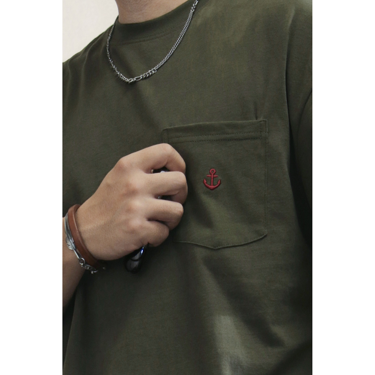 日系潮流夏季硬核军绿色T恤男OOTD穿搭工装风宽松圆领口袋短袖TEE-图0