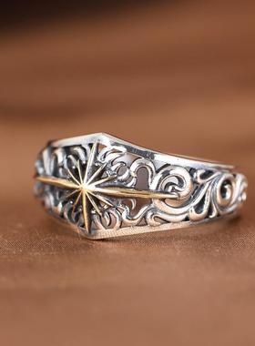 网红- 925银戒指 复古做旧镂空常青藤金色星芒开口指环银饰男女