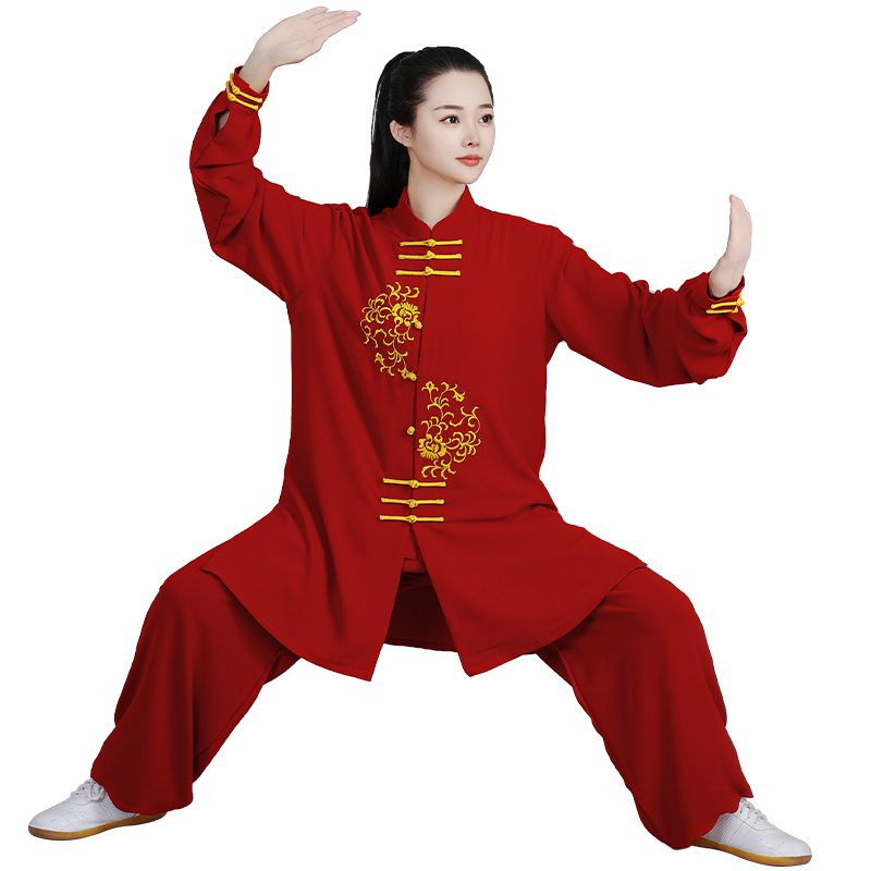 太极服春夏秋季中长款丝麻练功服女团体武术晨练表演服装男太极拳 - 图3