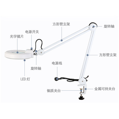 智塑夹式放大镜LED灯 带灯放大镜 老人阅读电子维修检验10X 15 20倍夹台式内弹簧钟表手机维修焊接用夹 - 图1