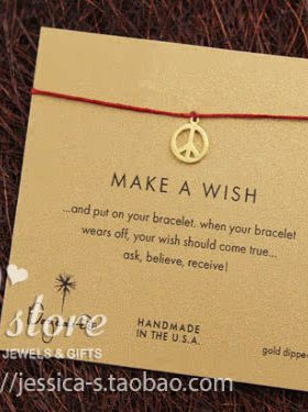 上蜡亚麻线 925银镀金【和平标】吊坠许愿手绳 美国Dogeared正品