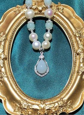 气质强光淡水珍珠项链银镶翡翠a货水滴吊坠妈妈母亲节礼物女