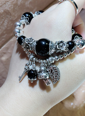 店主设计新款黑玛瑙招财猫叶子招财猫复古手链diy水晶饰品