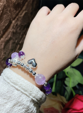 原创设计diy串珠饰品925银饰薰衣草紫水晶流苏爱心手链饰品女百搭