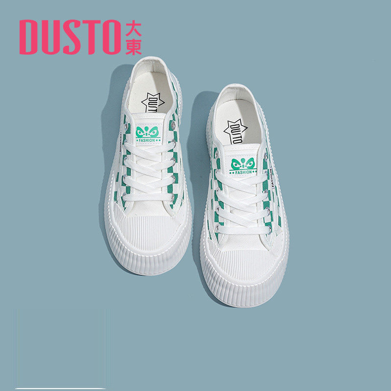 大东时尚帆布鞋女鞋2022春秋新款休闲圆头棋盘格系带厚底学生7060