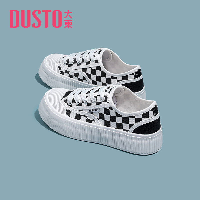 大东时尚帆布鞋女鞋2022春秋新款休闲圆头棋盘格系带厚底学生7060