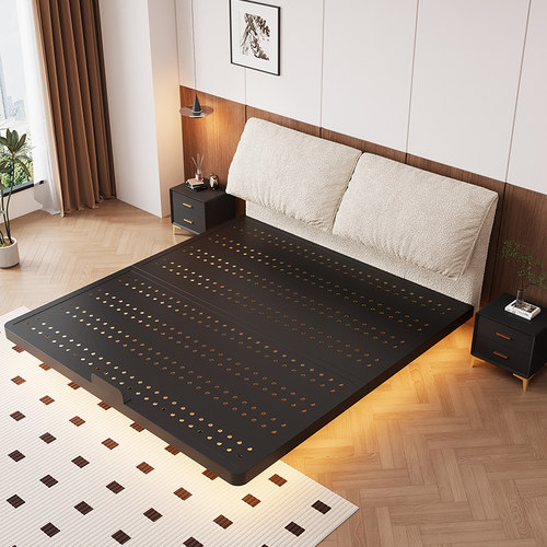 悬浮床双人床卧室家用碳素钢架床民宿单人床洞洞板象耳软包铁艺床 - 图1