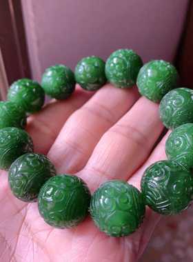 翠都翡翠珠宝男女款和田玉菠菜绿碧玉大珠雕花手串手链900295
