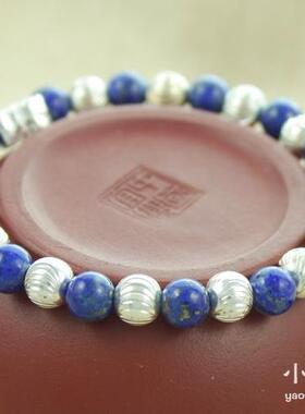 S925纯银青金石手链 泰国手工银民族风闪烁银饰手串 小福女原创