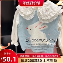Korean Boy Dress 2023 Fall Girl Fashion High-end Knit Horse Chia Children Lotus Leaf Side Shirt Pants Suit