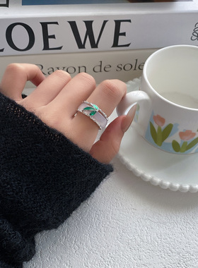 两件套绿竹叶白玉髓竹节一款两戴闭口指环戒指小众高级轻奢食指戒