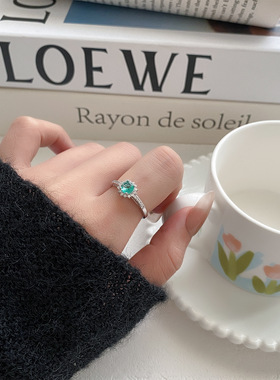 ins风简约海蓝宝玻璃可调节开口指环戒指女士小众高级轻奢食指戒