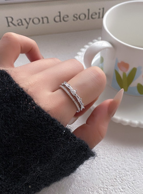 轻奢风双层满锆石爱心冷淡可调节开口指环戒指女小众高级食指戒