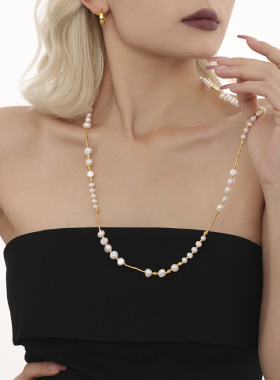 谜丽法式精选淡水珍珠长款不锈钢毛衣链爆闪轻奢锁骨项链首饰现货