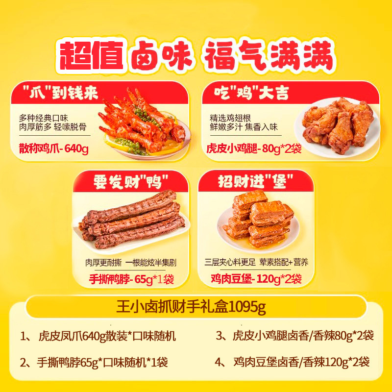 【零食礼盒】王小卤抓财手礼盒1095g*1盒卤味零食礼盒礼品送女神