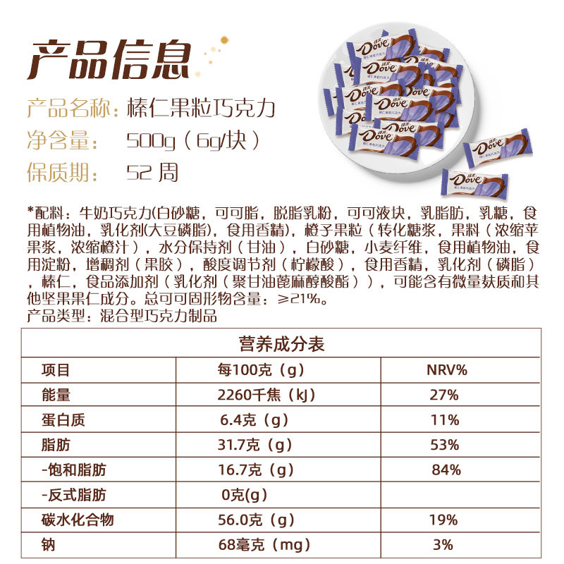 德芙榛仁果粒巧克力6g散糖喜糖500g*1袋结婚庆喜糖糖果席面伴手礼