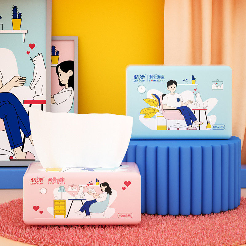 蓝漂白色抽纸4层100抽*20包加厚餐巾纸面巾纸卫生纸巾家用整箱