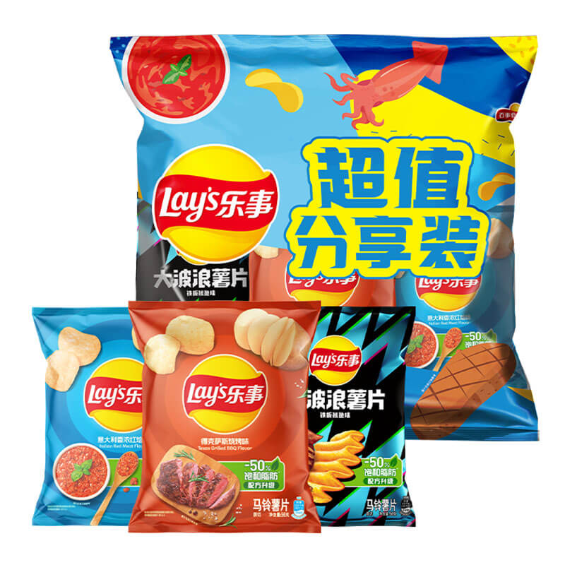 Lay’s/乐事薯片超值分享装组合(红烩/烧烤/鱿鱼)56gx3包零食小吃 - 图0