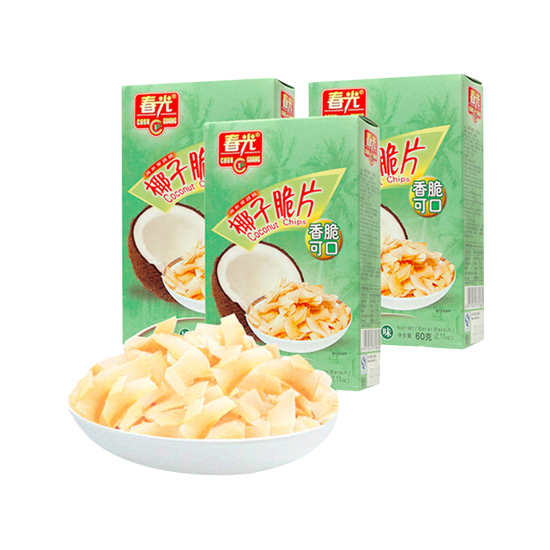 春光原味香脆椰子片 60g*3盒 海南特产椰肉干水果干 休闲零食小吃 - 图0