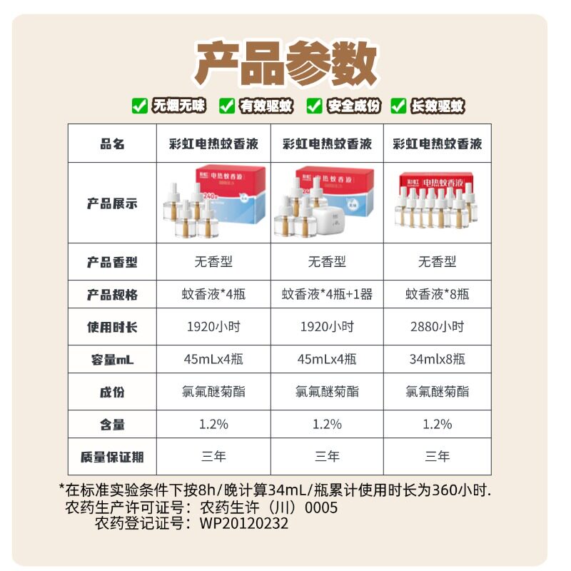 彩虹电热蚊香液无烟无味有效驱蚊家用驱蚊液加热器长效驱蚊量贩装