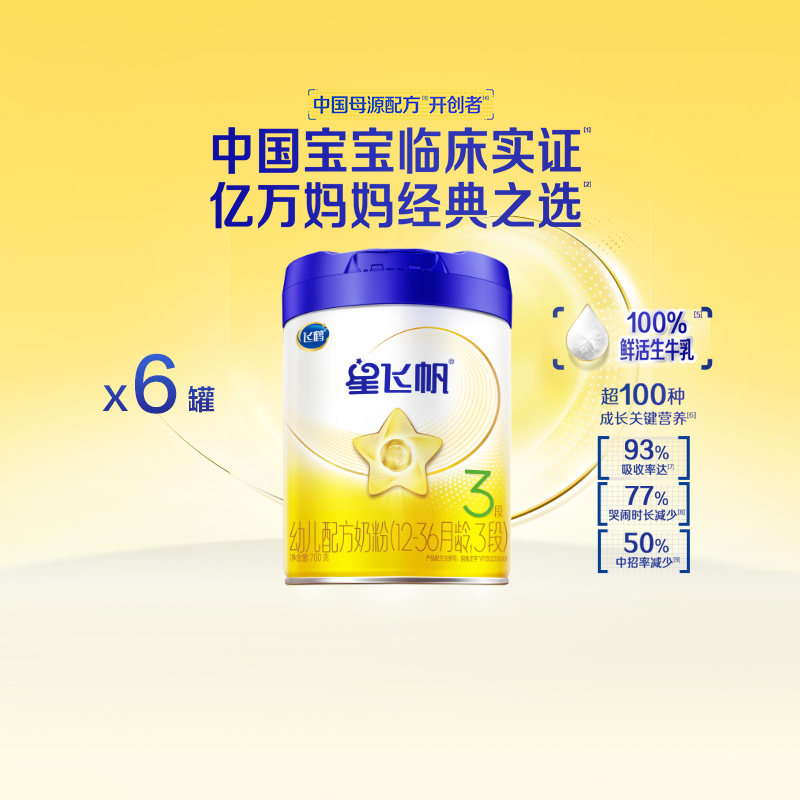 【新代专利OPO】飞鹤星飞帆婴幼儿配方奶粉3段12-36月龄700g*6罐
