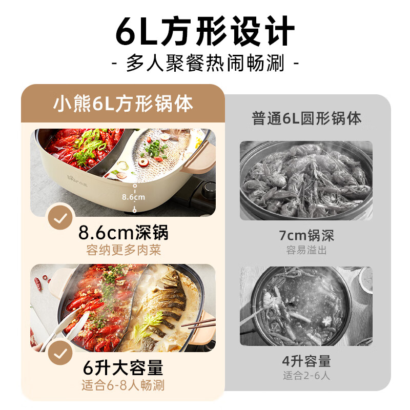 小熊电火锅鸳鸯锅家用多功能电煮锅一体式电热锅电炒菜锅不粘锅6L