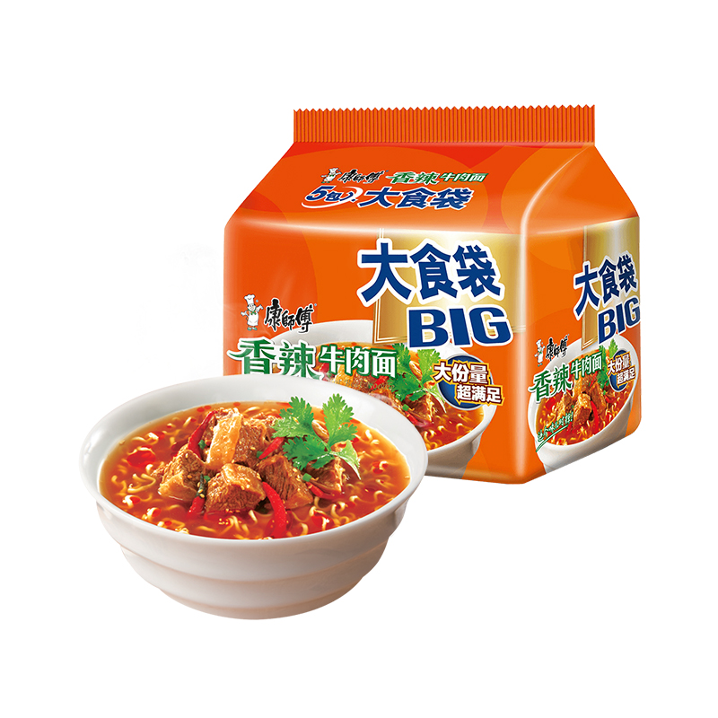 康师傅方便面大食袋香辣牛肉面120g*5袋泡面速食面即食面-图0