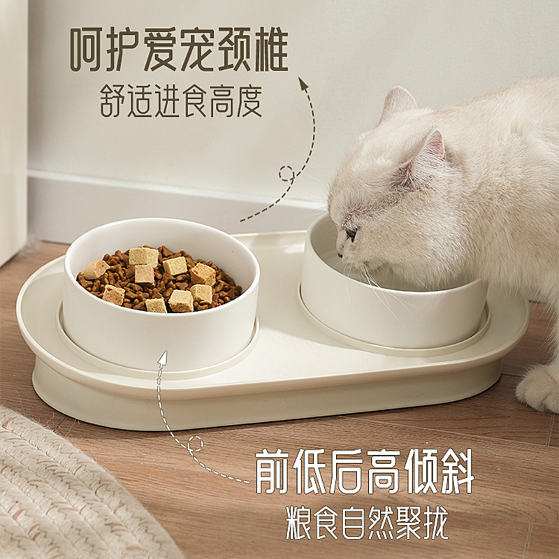 猫碗陶瓷双碗保护颈椎食盆猫粮狗粮防打翻猫咪碗狗狗食碗宠物用品 - 图2