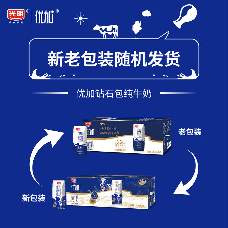 自营光明优加纯牛奶3.6g乳蛋白钻石装200ml*24盒
