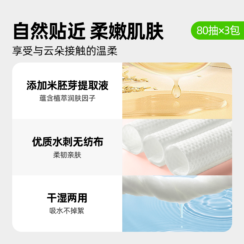 【喵满分】自有品牌米胚芽绵柔巾洗脸干湿两用一次性加厚80抽*3包 - 图0