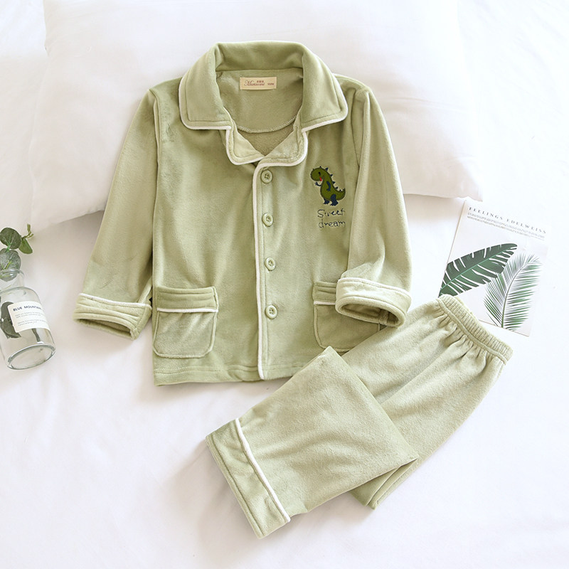 儿童秋冬加厚保暖海岛绒睡衣套男童可爱可爱刺绣小恐龙纯色家居服,淘宝优惠券,粉丝福利购,淘宝优惠卷