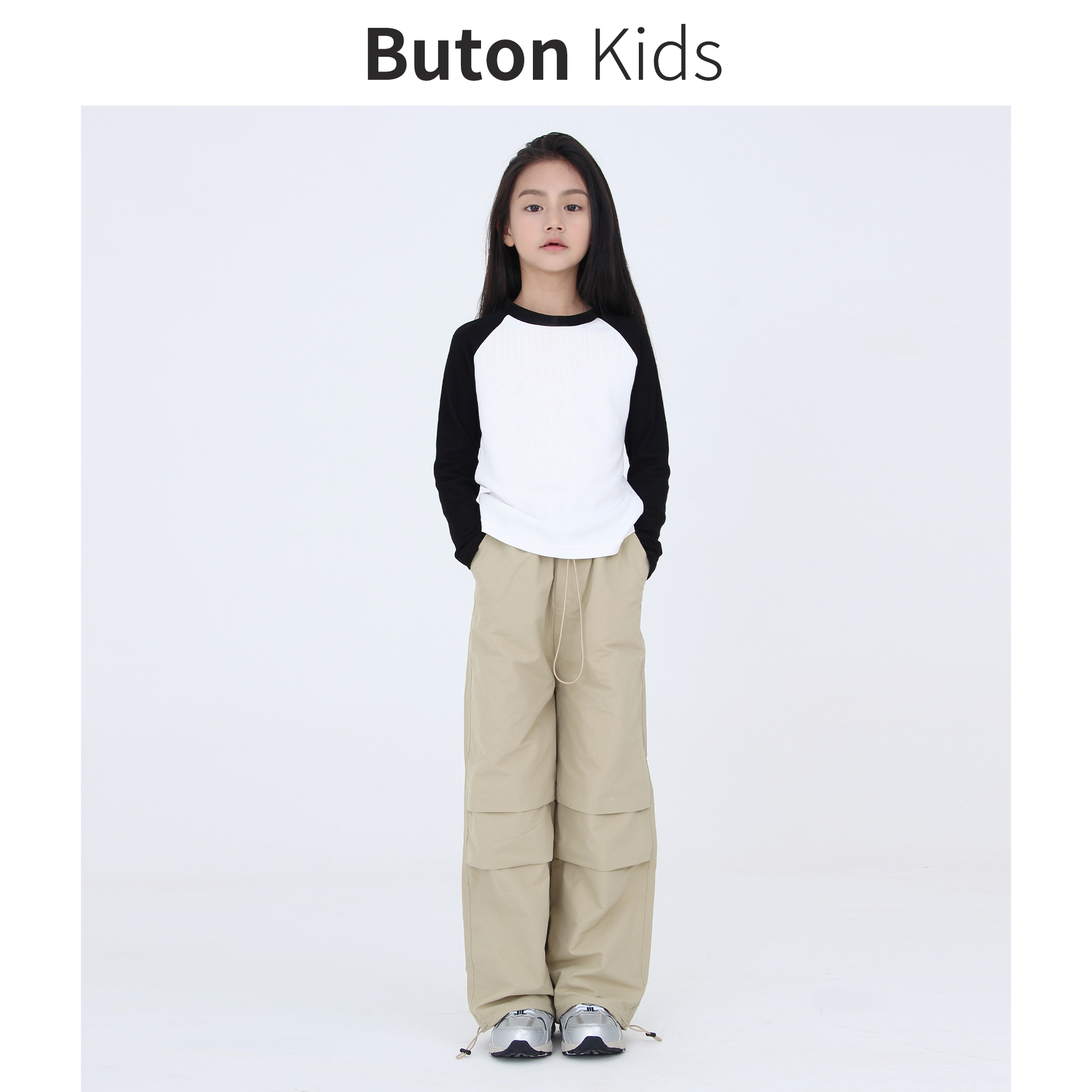 Buton Kids女童美式工装裤早秋新款抽绳束脚休闲裤男童长裤亲子装-图0