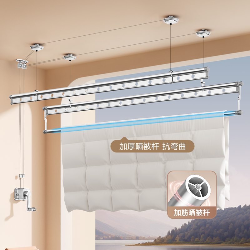升降晾衣架阳台手摇器晾衣杆顶装自动家用双杆手动式晒衣架凉神器 - 图1