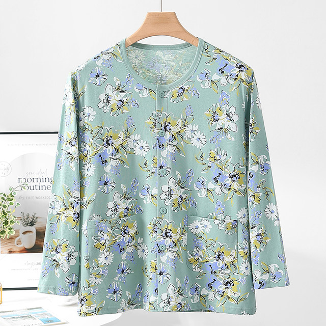 ຊຸດນອນ cardigan ແຂນຍາວຂອງແມ່ຍິງຝ້າຍບໍລິສຸດສໍາລັບຜູ້ສູງອາຍຸກາງແລະຜູ້ສູງອາຍຸວ່າງ